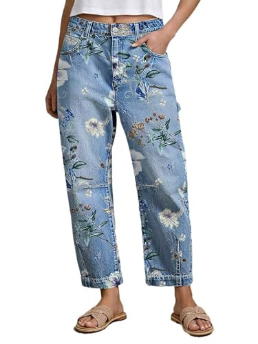 Flamingals Mid Rise Barrel Leg Jeans for Women Wash Floral Print Flap Casual Denim Jeans with Poc... | Amazon (US)