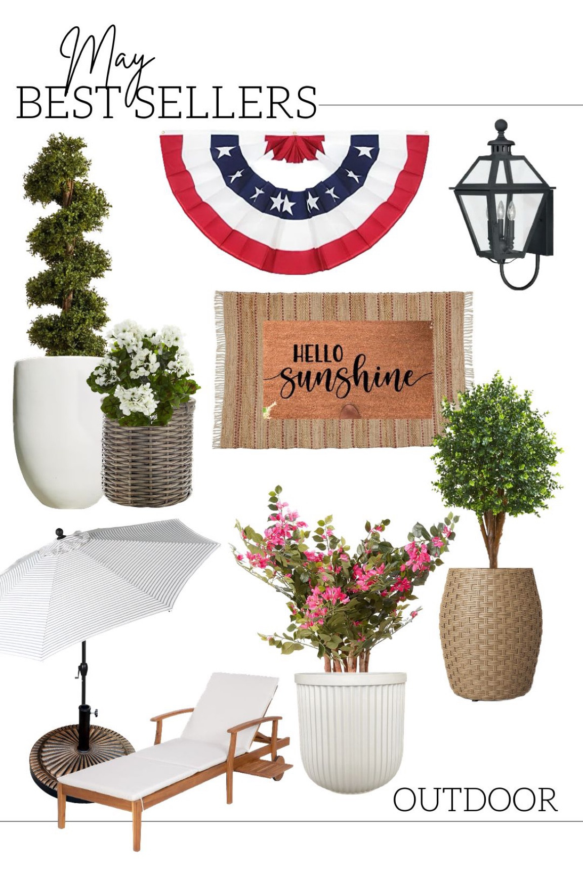 May best sellers in outdoor home accessories and decor! Furniture planters faux artificial plants trees and flowers spiral boxwood topiary tree eucalyptus Bougainvillea chaise lounge chairs poolside pool loungers market tilt umbrella stand outdoor lighting lantern wall sconce light fixture American flag bunting Independence Day July 4th front porch front door decor geranium hydrangeas basket resin rattan doormat jute scatter rug layered welcome mat porch and patio decor finds Amazon target Walmart deals 

#LTKFind #LTKhome #LTKSeasonal