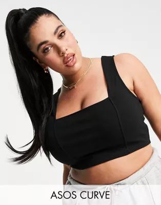 ASOS DESIGN Curve crop cami top with square neck and seam detail in black | ASOS (Global)