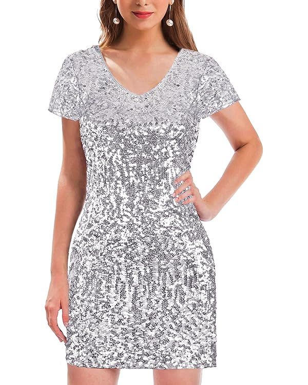 MANER Women's Sequin Glitter Short Sleeve Dress Sexy V Neck Mini Party Club Bodycon Dresses | Amazon (US)
