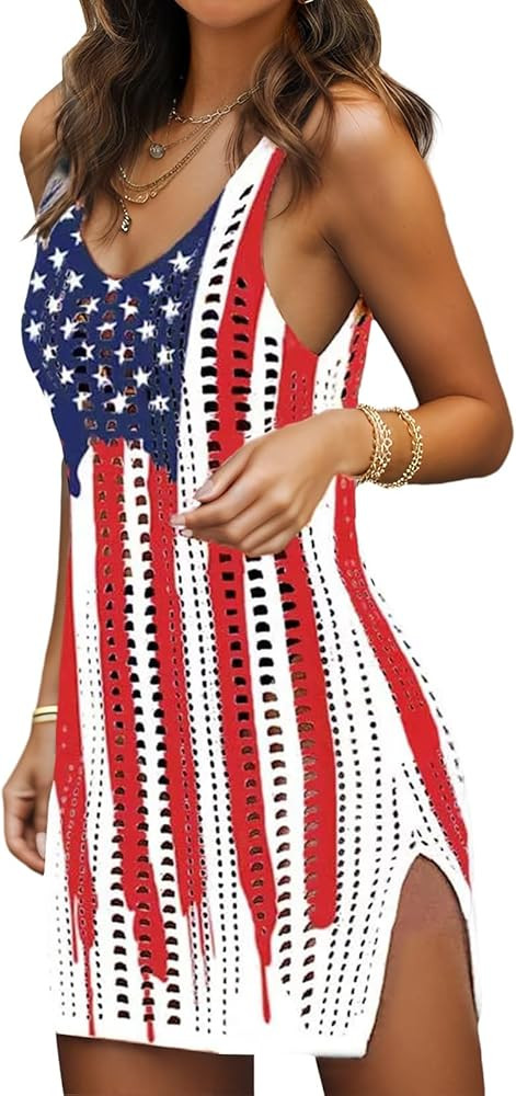 Swimsuit Coverup for Women Bathing Suit Cover ups Crochet Beach Tank Dress Hollow Out Slit Bikini... | Amazon (US)