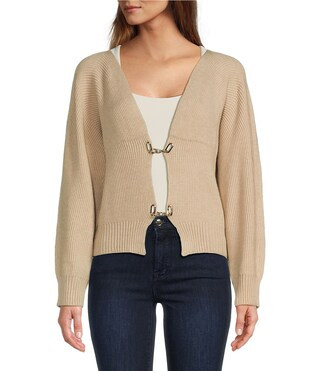 Ribbed Knit V-Neck Long Sleeve Front Hook Cardigan | Dillard's