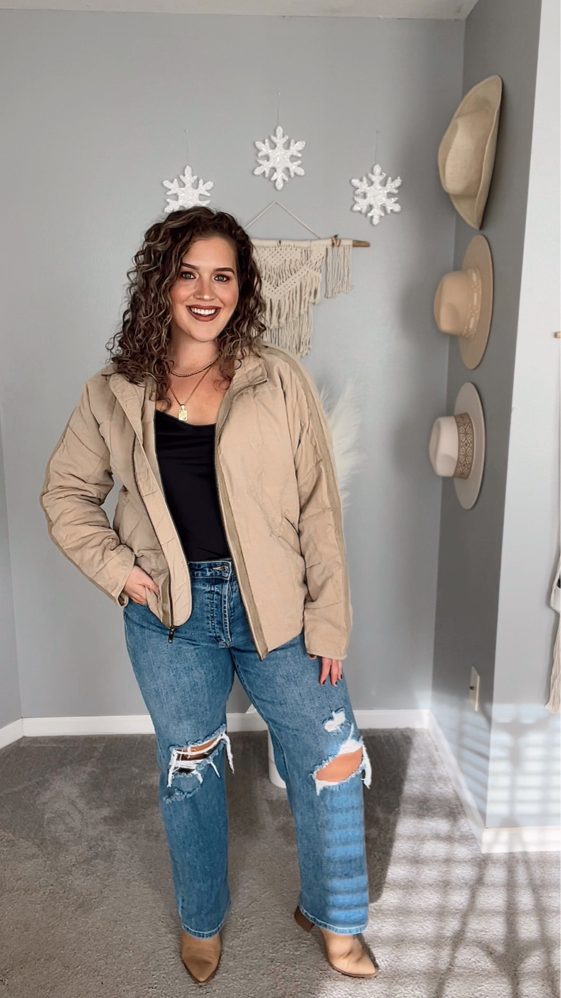 Midsize casual Fall OOTD 🤎
Jacket: L (discount: ASHLEYBEHRENDS)
Top: L
Jeans: 12 
#midsizeoutfits #ootd #casualoutfits #shopsmall #smallbiz #jacket #coat #outerwear #cami #cowlneck #jeans #denim #curvydenim #distressedjeans #boots #booties #necklace #jewelry #casualstyle #outfitinspo #fallfashion #winterfashion 

#LTKcurves #LTKSeasonal #LTKHoliday