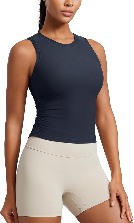 Amazon.com: CRZ YOGA Cloudweight Womens Ruched Tank High Neck Workout Fitted Tops Basic Yoga Athl... | Amazon (US)