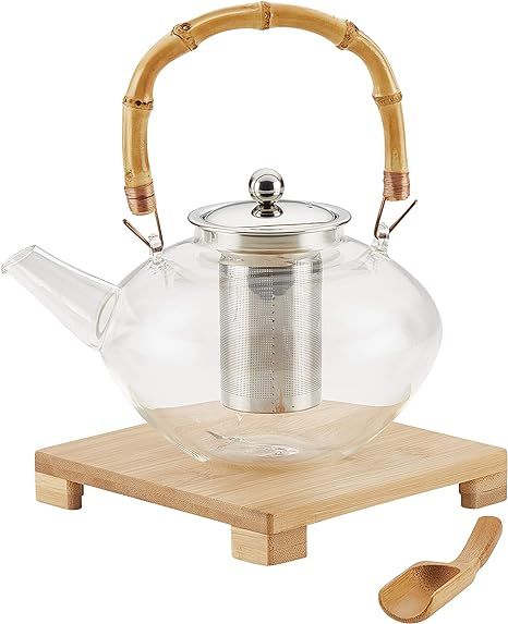 BonJour Tea Glass Zen Teapot with Stainless Steel Infuser and Bamboo Trivet, 34 Ounce, Clear | Amazon (US)