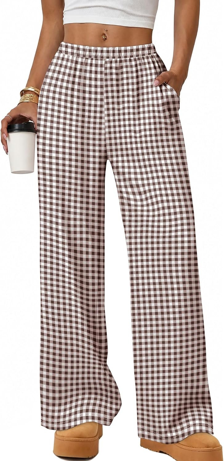 WIHOLL Womens Wide Leg Pajamas Pants Fall Gingham Casual Lounge Sweatpants | Amazon (US)