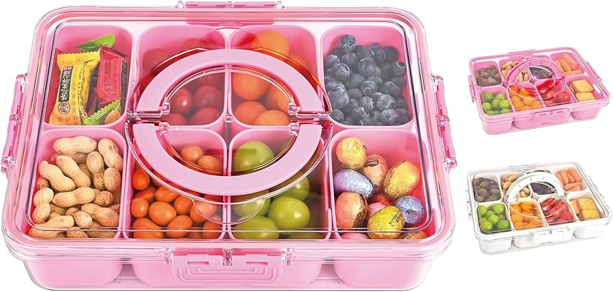 Snackle Box Container, 8 Compartment Divided Serving Tray with Lid and Handle, Snack Box Containe... | Amazon (US)