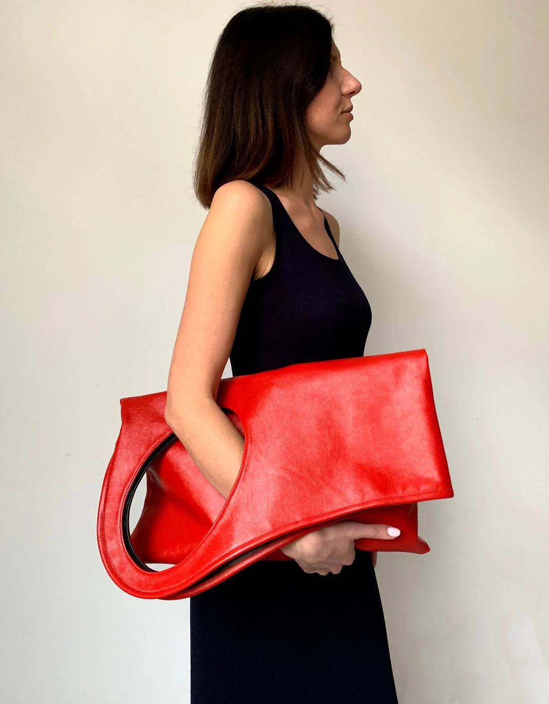 Oversized clutch purse Red genuine leather handbag Fold Over Shopper bag for women | Etsy (Global)