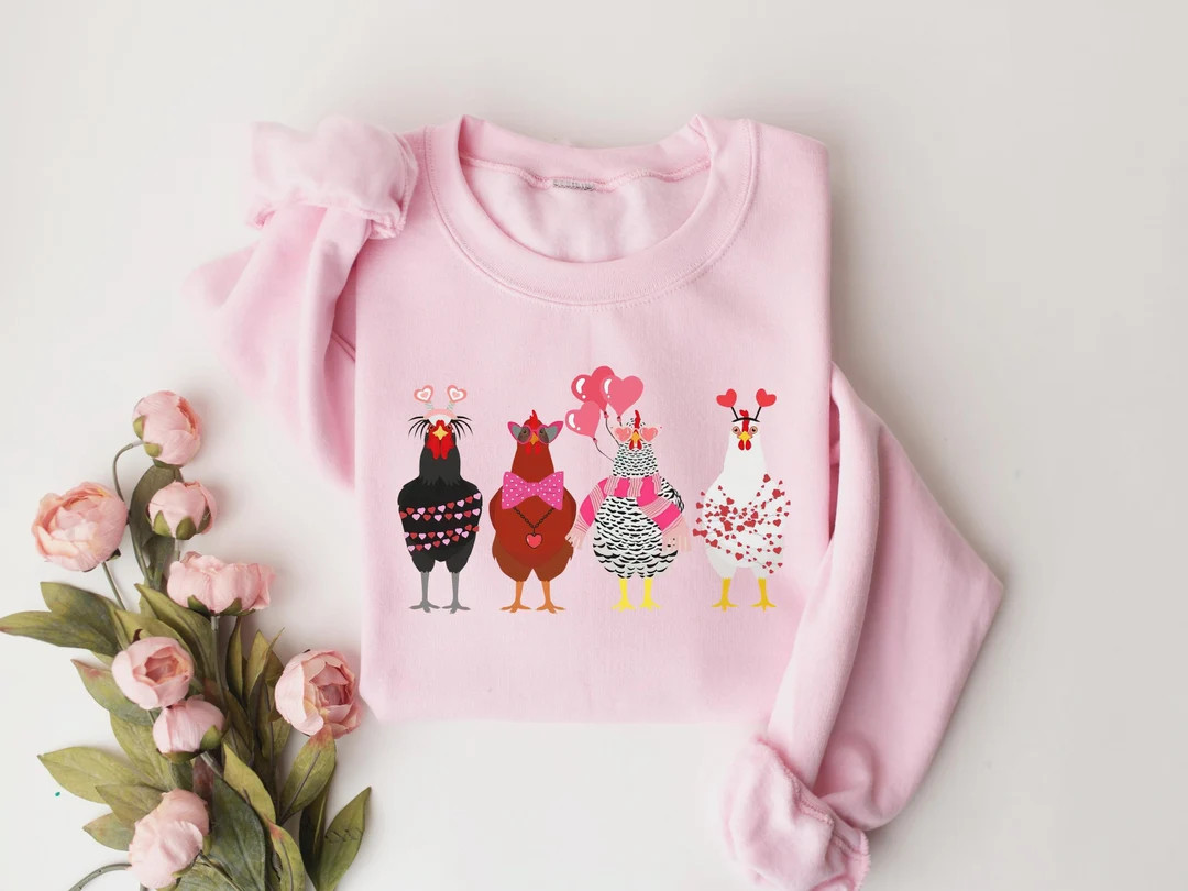 Сute Valentine Chickens Sweatshirt, Valentine Farm Animals Sweatshirt, valentine day shirt, funn... | Etsy (US)