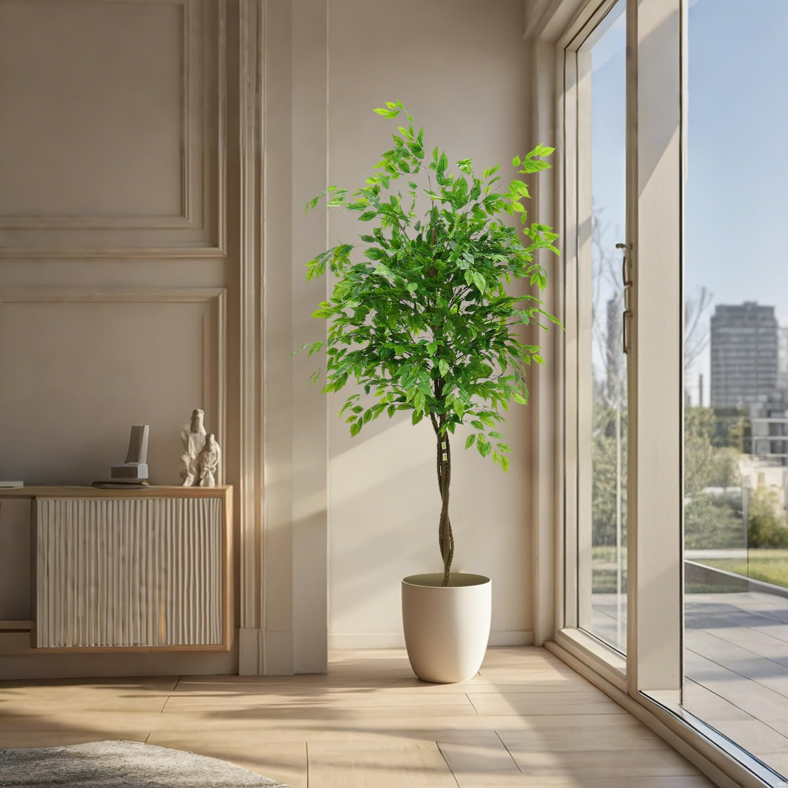 Garvee 6FT Artificial Ficus Tree Tall Fake Potted with Planter Realistic Texture Faux Foyer Porch Decor Home Office Living Room Bedroom 180cm in Green | Lowe's