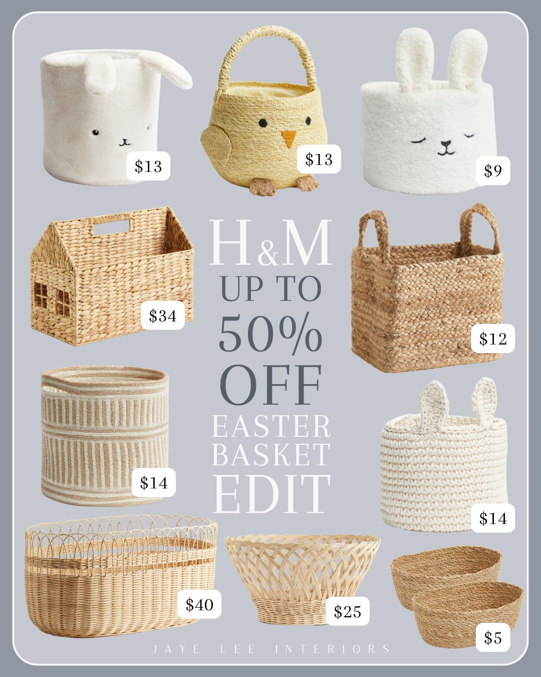 EASTER BASKETS ON SALE at H&M this weekend! It's not too early to take advantage of great prices on super sweet Easter Baskets for kids, and beautiful storage/playroom baskets that will look great in your home all year long!

Toddler Easter Basket, Easter decor, Easter Crafts, Easter basket ideas, alternative easter baskets, H&M Home, Spring Sales, HM sale finds, storage baskets, playroom design, toy storage and organization
 

 #LTKSeasonal #LTKSaleAlert #LTKKids