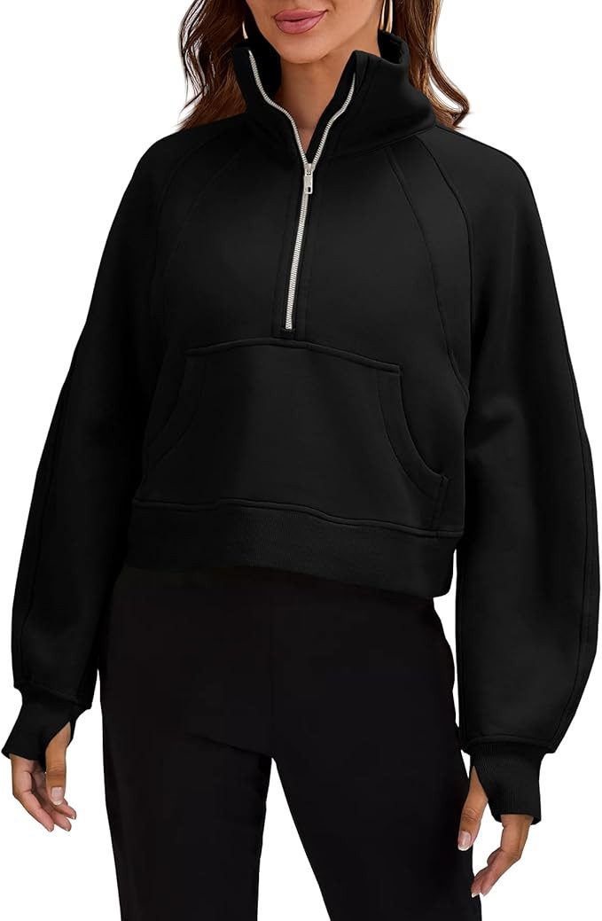 Womens Sweatshirts Half Zipper Crop Pullover Funnel Neck Fleece Lined Zip Up Long Sleeve Tops Thu... | Amazon (US)