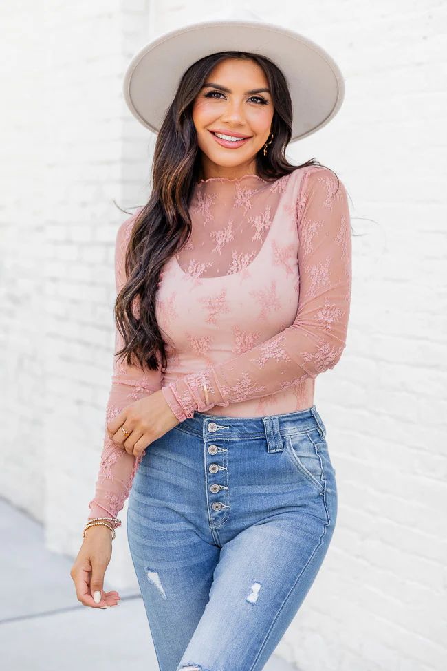 Speak Your Truth Cinnamon Mock Neck Lace Layering Blouse | Pink Lily