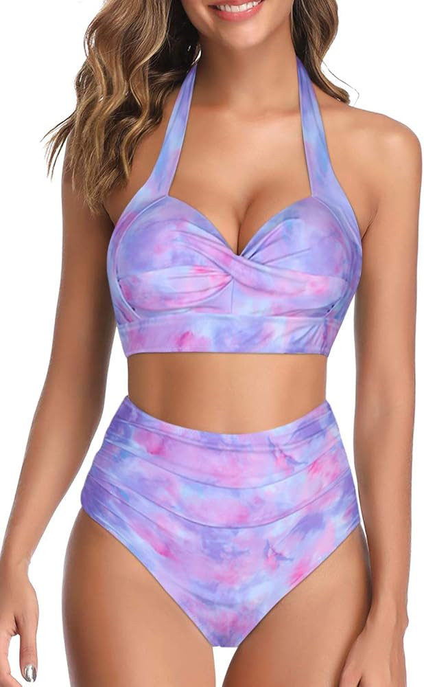 Womens Vintage Bikini Halter Push Up Swim Tops Tummy Control Two Piece Bathing Suits High Waisted... | Amazon (US)