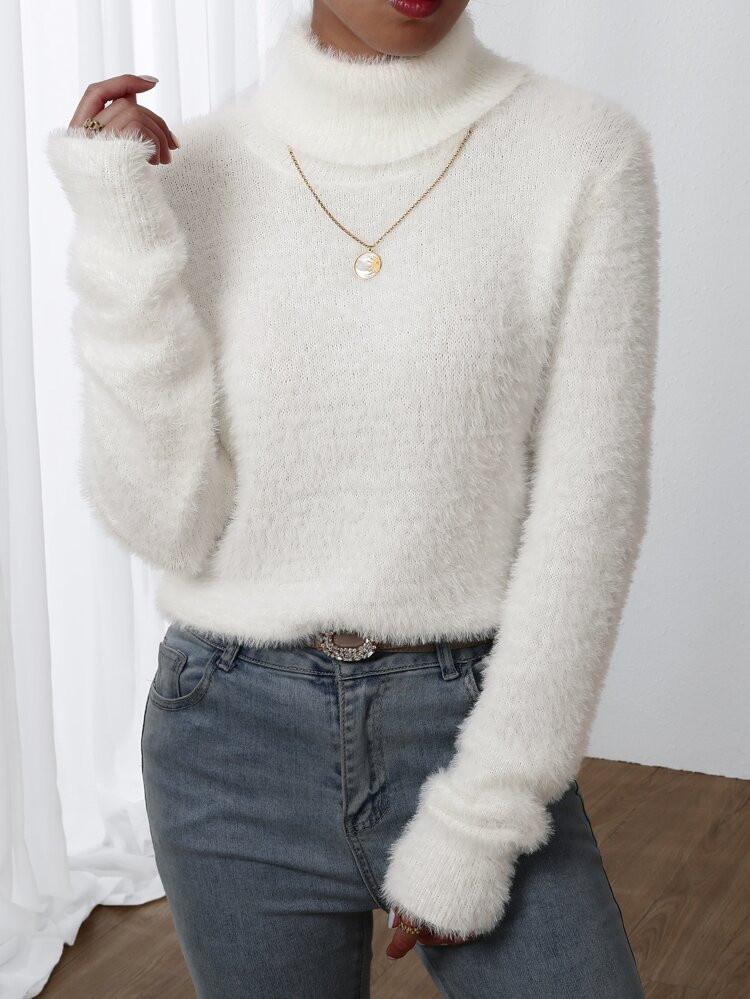 Turtleneck Fluffy Knit Sweater | SHEIN