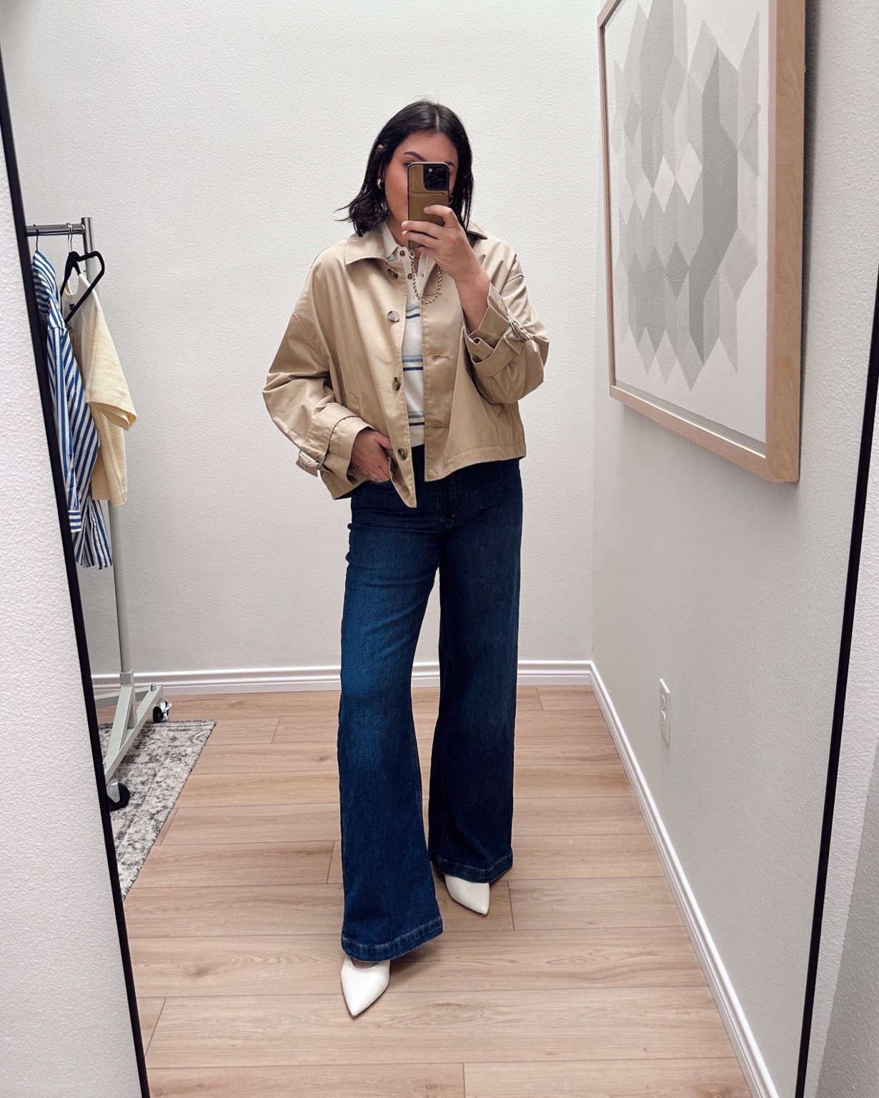 I'm in the M/L of the trench and it's a generous fit! Love the cropped trend. 

I'm in the 30 of the jeans, regular length. TTS. 

I'm in the large of the polo but it runs big! 

 