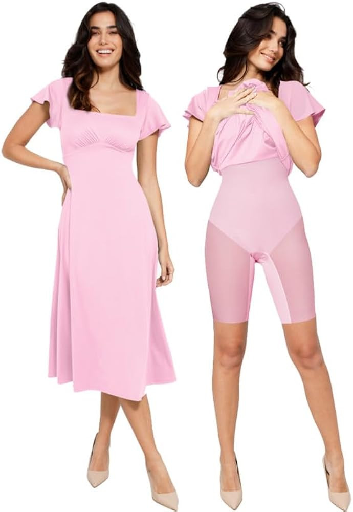 Popilush Shapewear Dress Built-in Bra Short Sleeve Square Neck A-Line Flowy Wedding Guest Midi Dr... | Amazon (US)