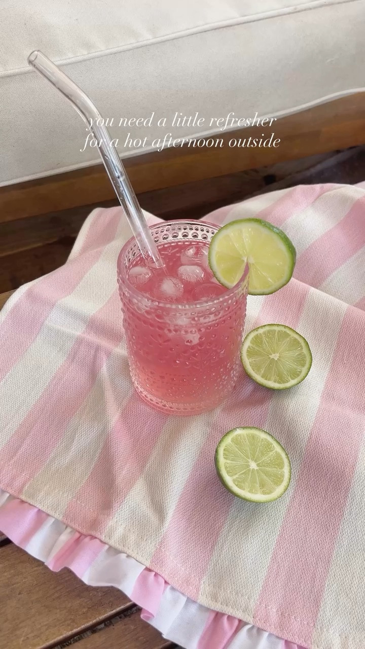 a little afternoon refresher a mix of lemon juice, purified water, & splash of cran/raspberry juice 🍋‍🟩 totally just measured with my heart but it was so goooood. 

say GLASS for these cute glasses & straws! 🌴🌸 #refresher #lemonaderecipe #summerdrink