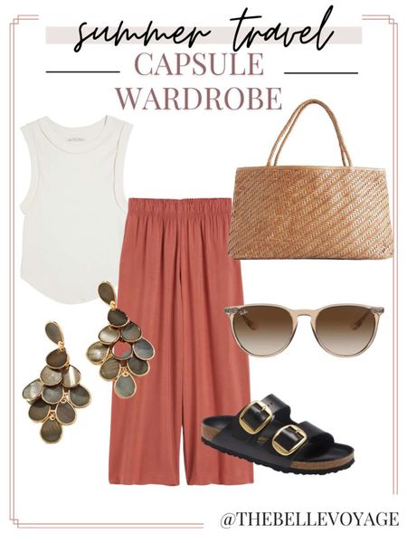 Summer vacation outfit | Travel outfit for summer | Summer packing list | What to wear on vacation 
Wide leg cropped pants
Statement earrings
Birkenstocks

#LTKstyletip #LTKSeasonal #LTKtravel