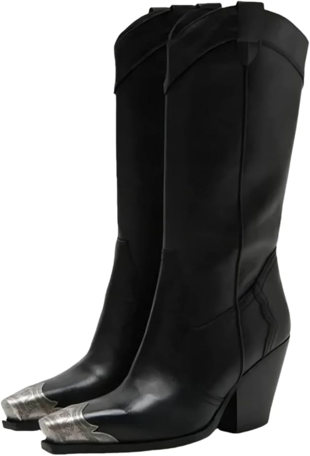 keleimusi Women's Western Cowboy Boots Stacked Block Heel Knee High Cowgirl Boots Steel Toe Side ... | Amazon (US)