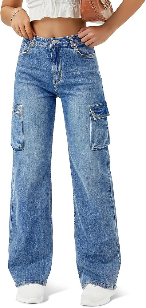 Jeans cargo de cintura alta para mujer con 6 bolsillos, rectos, pierna ancha, pantalones casuales... | Amazon (US)