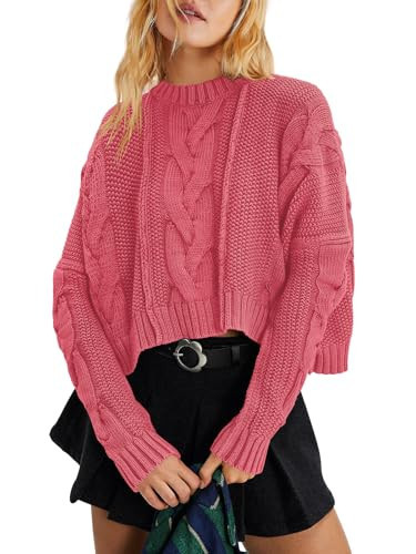 Panadila Womens Cropped Sweater Crew Neck Cable Knit Sweater Ribbed Long Sleeve Top Soft Boxy Pullover (Cherry Red,M) | Amazon (US)
