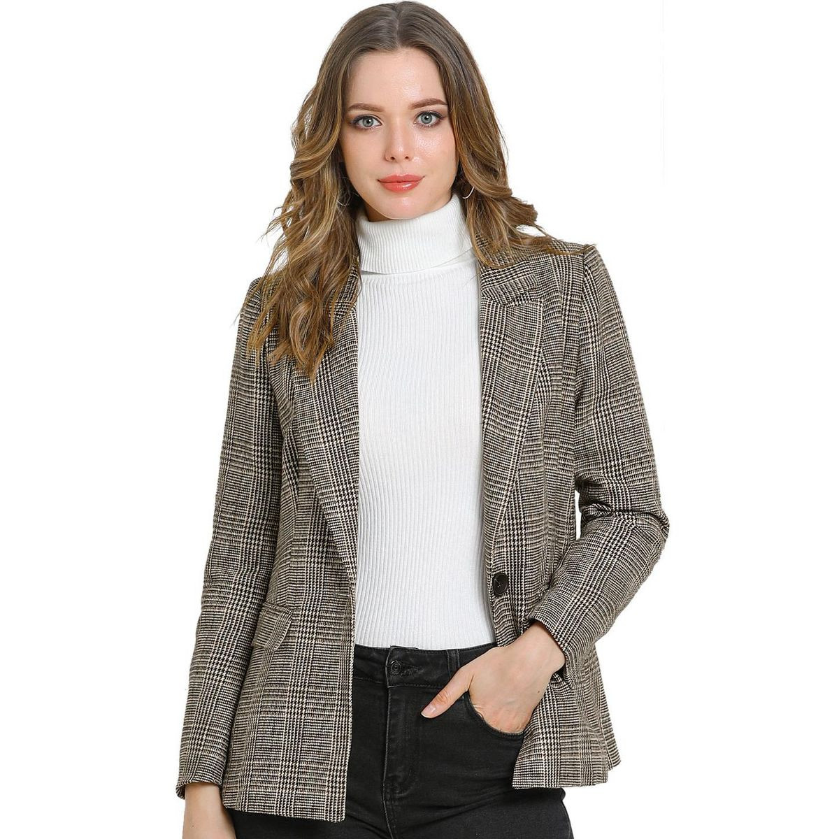 Allegra K Women's Notched Lapel One Button Houndstooth Blazer Jacket | Target