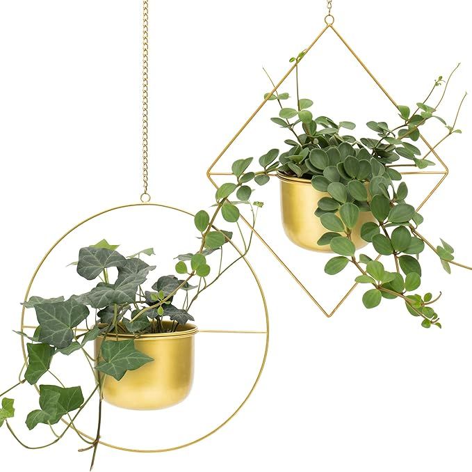 Set 2 Gold Boho Hanging Planter, Decorative Metal Flower Pot, Geometric Mid Century Modern Decor,... | Amazon (US)