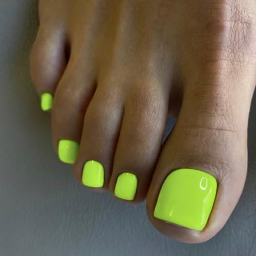 Solid Color Neon Green Press on Toenails for Women, Glossy Fake Toenail Press ons Short Square Acrylic Press on Toe Nails, Reusable Toenails Glue on Natural Seamless Fit, 24Pcs Glue Toenails | Amazon (US)