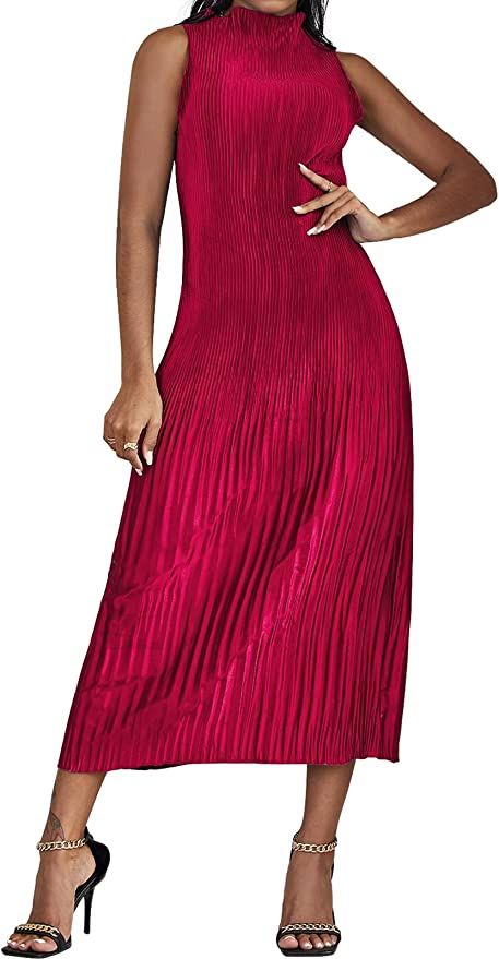FANTOYE Women's Summer Sleeveless Midi Dress Casual High Neck Pleated Flowy Sundress for Party | Amazon (US)