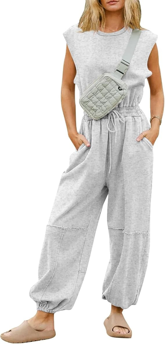 Flygo Womens Casual Jumpsuit Crewneck Cap Sleeve Long Wide Leg Pants One Piece Outfits Drawstring... | Amazon (US)