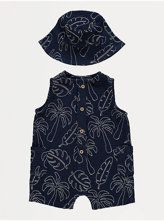 Navy Embroidered Romper and Bucket Hat Set | George