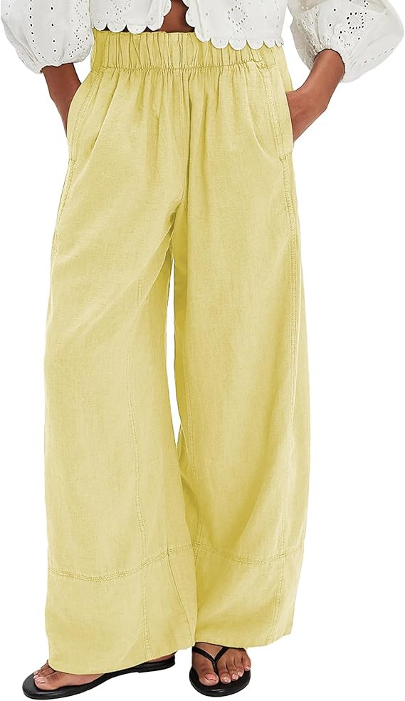 Women's Linen Wide Leg Pants Elastic Waist Summer Boho Palazzo Pants Beach Vacation Casual Trouse... | Amazon (US)