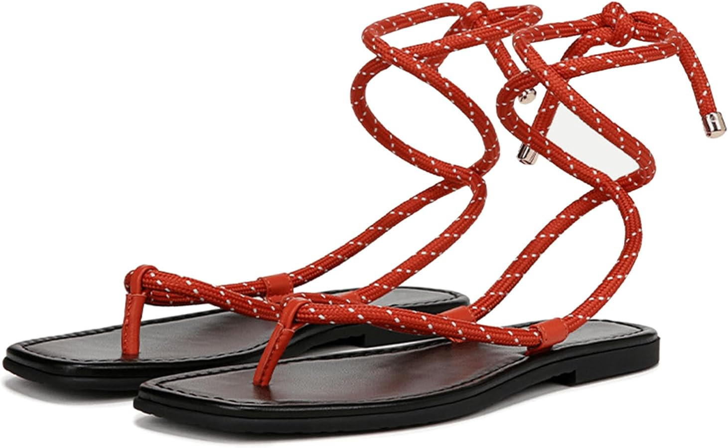 Rope Flat Sandals for Women Strappy Lace Up Square Open Toe Thong Sandals Comfortable Summer Beac... | Amazon (US)