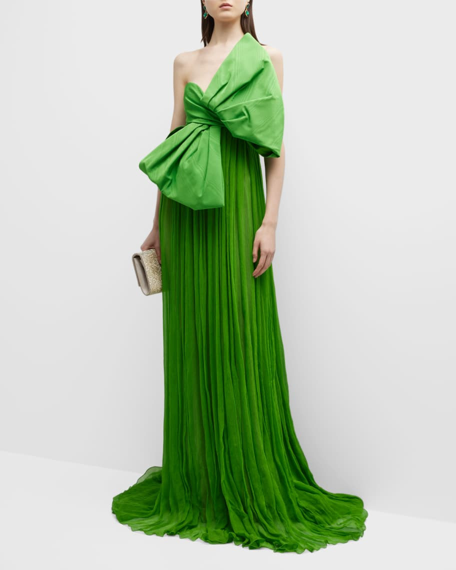 Oscar de la Renta Moire-Bow Strapless Chiffon Creponne Gown | Neiman Marcus