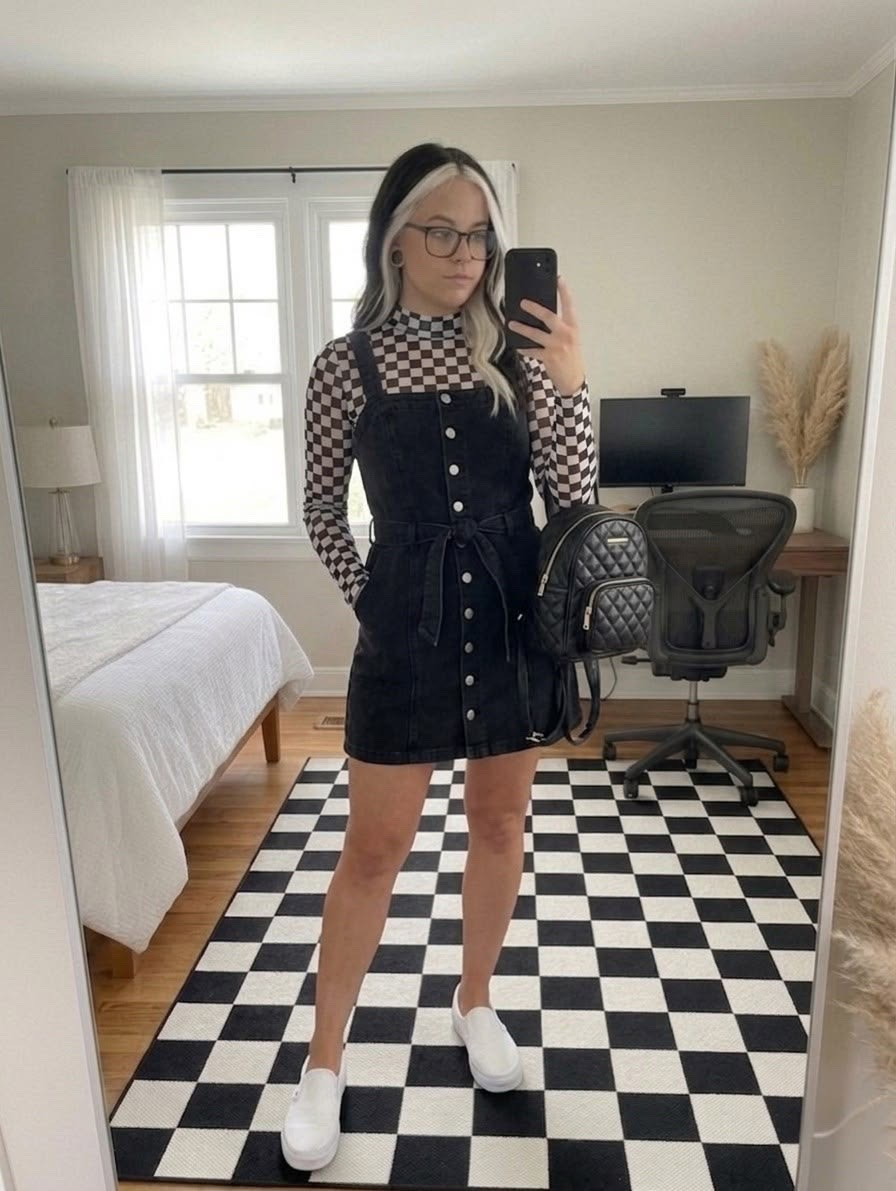 Obsessed with how this checkerboard mesh top layers under a classic denim pinafore! It’s the perfect mix of edgy and effortless for a day out or a casual office vibe. I’ve paired it with my go-to white slip-ons and a quilted mini backpack for that "cool girl" finish. 🖤✨

#LTKdayinmylife #LTKSeasonal #LTKSaleAlert
