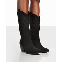 Arizona Black Faux Suede Western Embroidered Pointed Toe Knee High Cowboy Boots | Public Desire (US & CA)