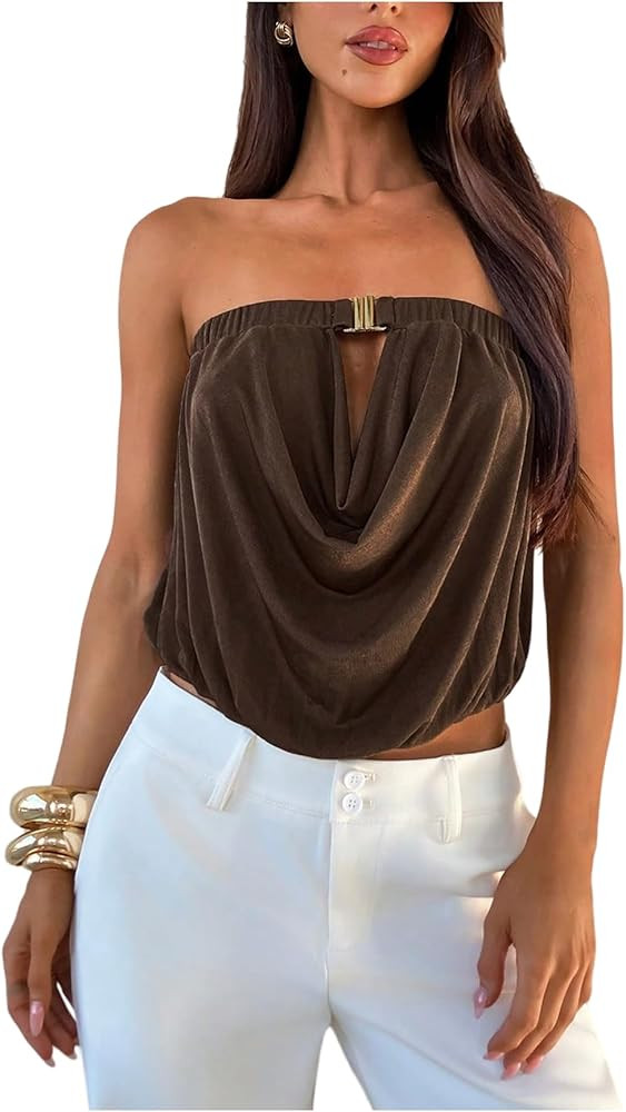 MakeMeChic Women's Strapless Tube Tops Draped Front Backless Elegant Dressy Crop Tops | Amazon (US)