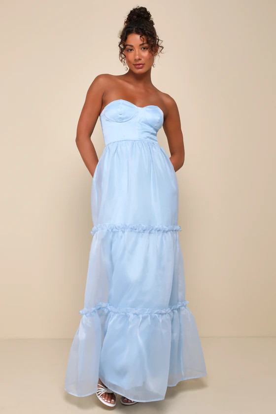 Exceptional Grace Light Blue Strapless Tiered Bustier Maxi Dress | Lulus