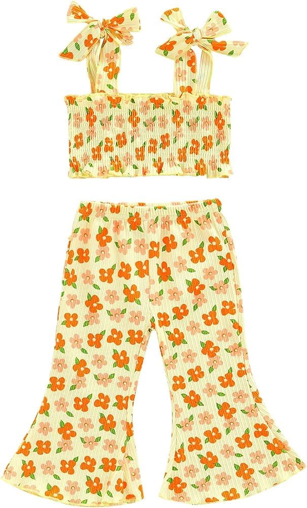 Toddler Girl Bell Bottom Romper Baby Floral One Piece Ribbed Cotton Jumpsuit Flare Pants Overalls... | Amazon (US)