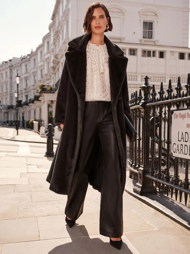 Buy Love & Roses Black Longline Faux Fur Coat from Next Australia | Next AU