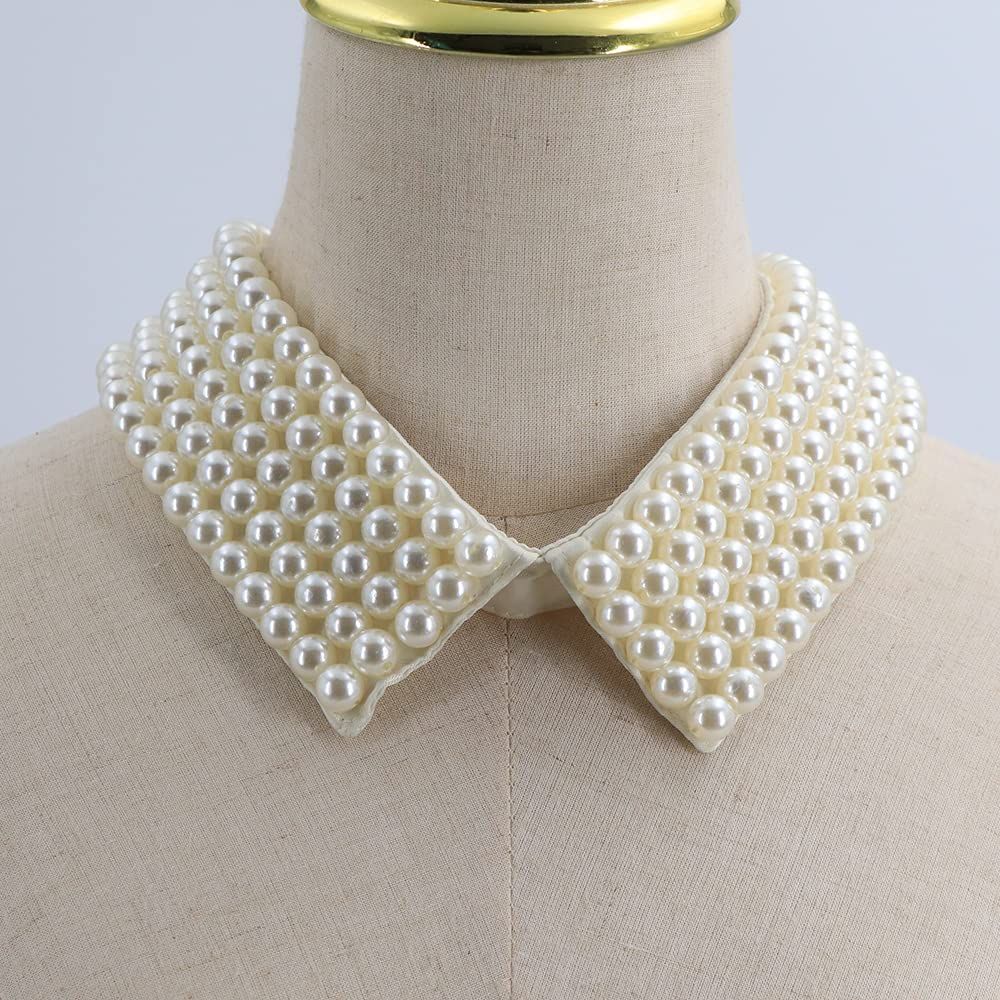 Vintage Beaded Collar Necklace Handmade Faux Pearl Collar Woman Fashion False Collar Necklace (Ivory | Amazon (US)