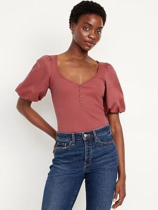 Puff-Sleeve Mixed Fabric Top | Old Navy (US)