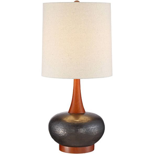 360 Lighting Mid Century Modern Table Lamp Hammered Bronze Ceramic Wood Off White Tall Drum Shade... | Target