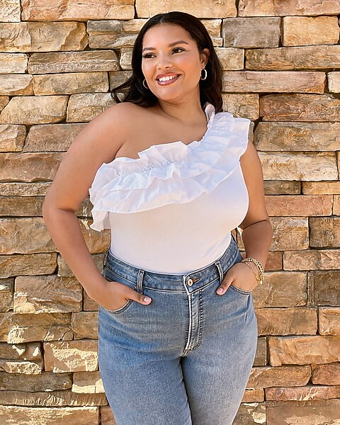 Poplin Ruffle One Shoulder Thong Bodysuit | Express