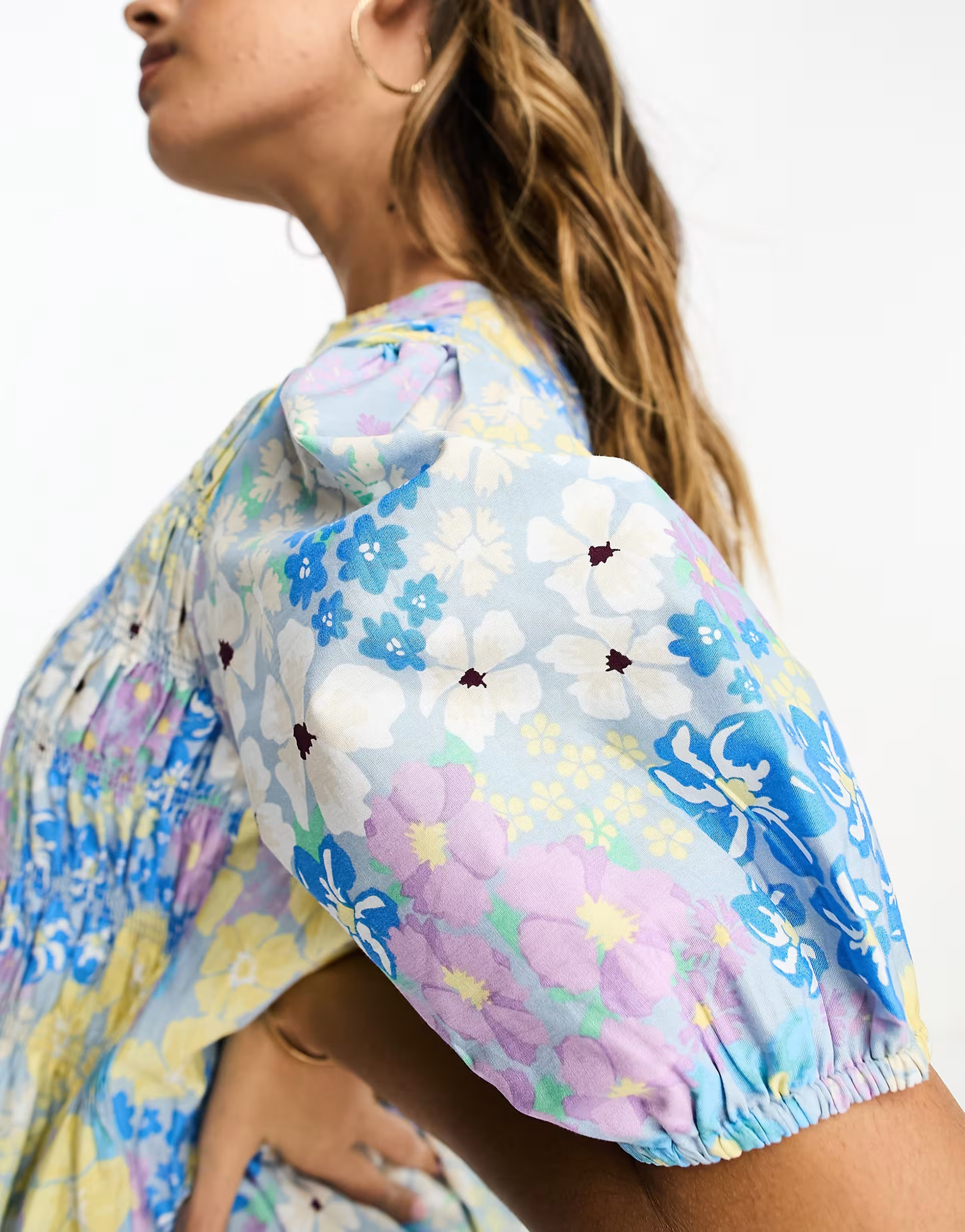 ASOS DESIGN cotton shirred mini smock dress with puff sleeve in floral print | ASOS (Global)