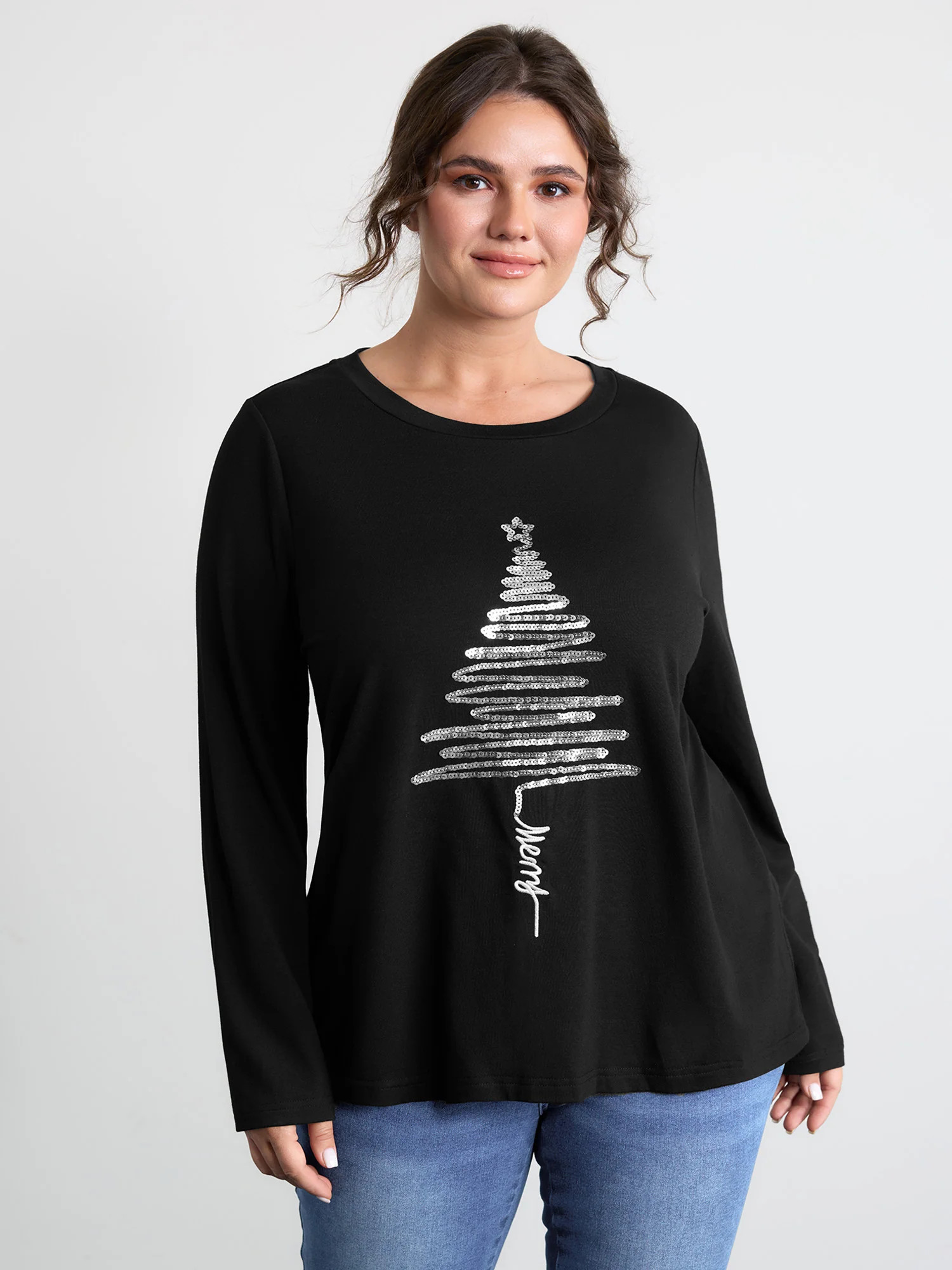 Sequin Cord Embroidered Tree Round Neck T-Shirt | Bloomchic