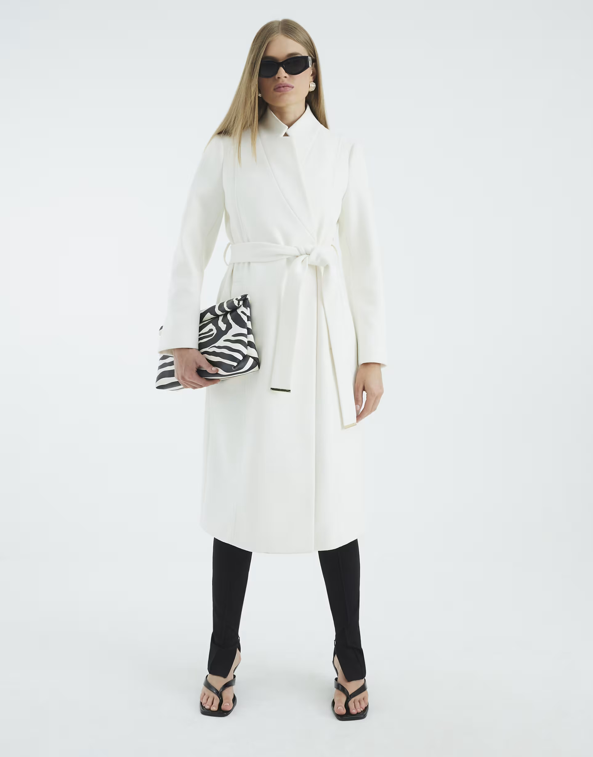 River Island Notch collar belted wrap coat in cream | ASOS (Global)