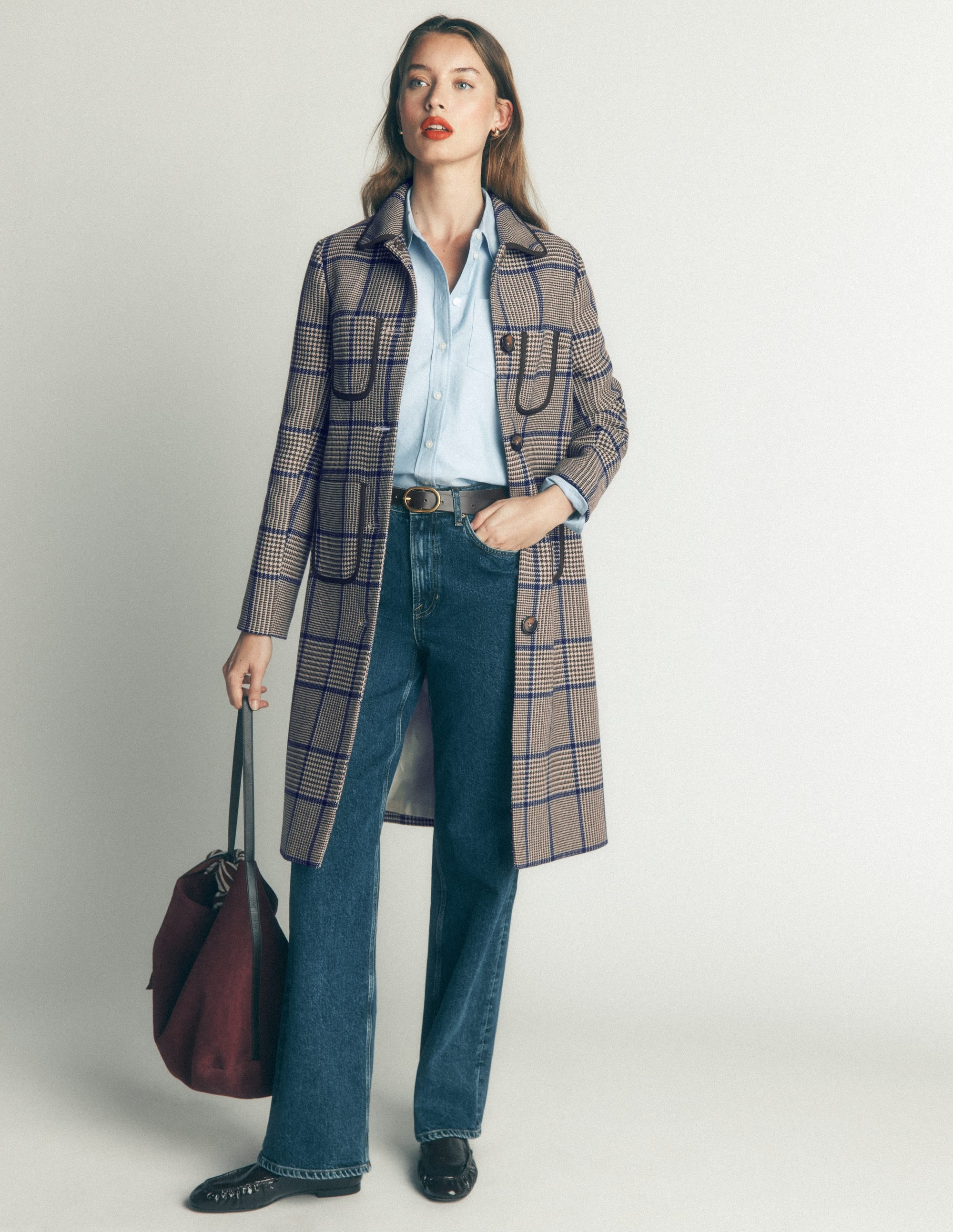 Patch Pocket Wool Blend Coat-Maroon, Teal Prince of Wales | Boden (US)