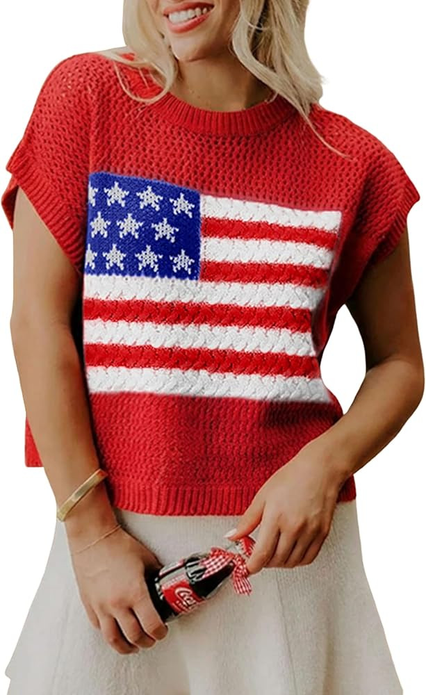 SELINK Womens Summer Crochet Tops Hollow Out Cap Sleeve American Flag Crew Neck Graphic Pullover ... | Amazon (US)
